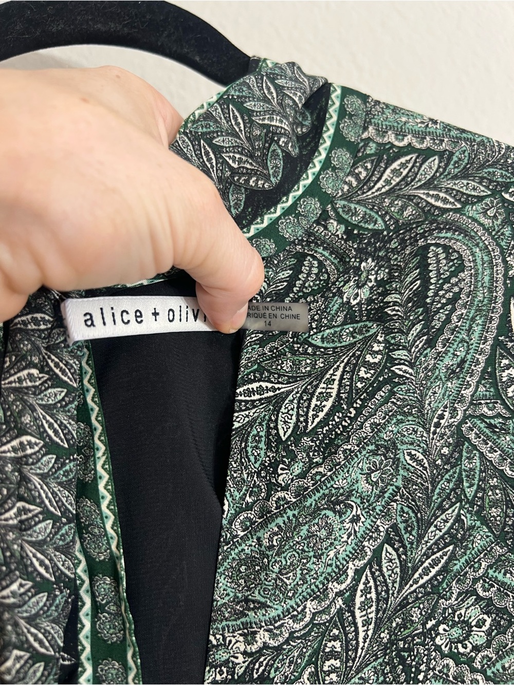 Alice & Olivia Tanisha long sleeve tie neck mini dress green paisley sz 14 - Picture 16 of 16